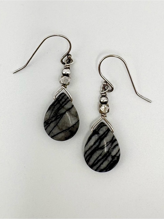Handmade Jewelry - Sterling Silver Teardrop Zebra Jasper Dangle Earrings - Gray